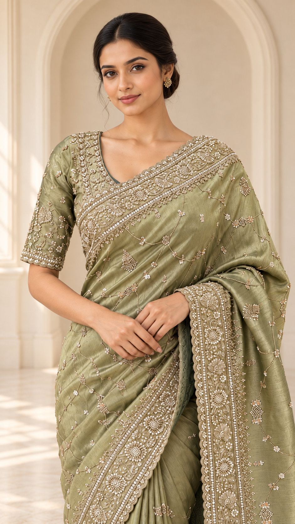 Olive Green Ready Made Blouse Saree