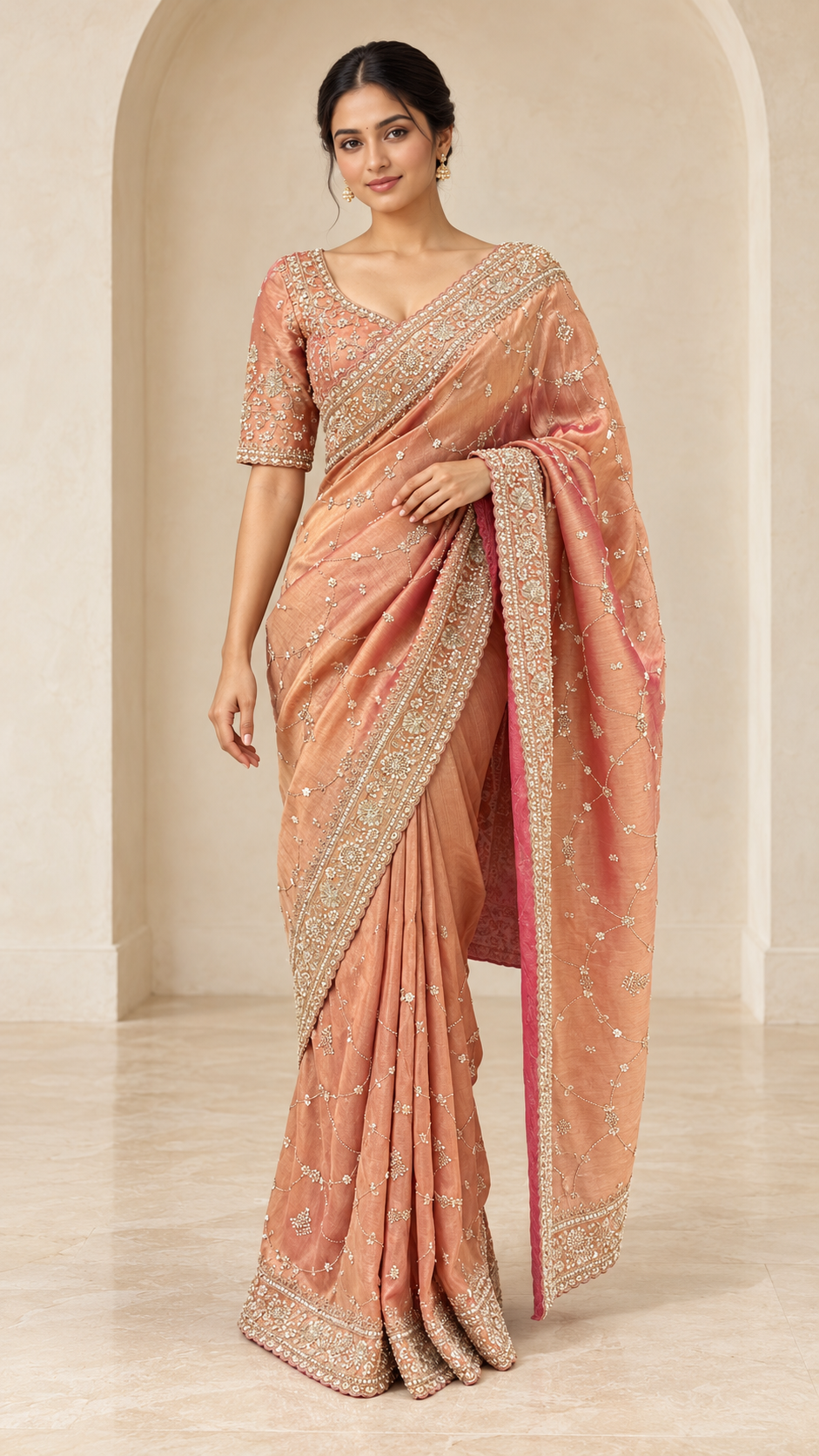 Dusty Peach Ready Made Blouse Saree