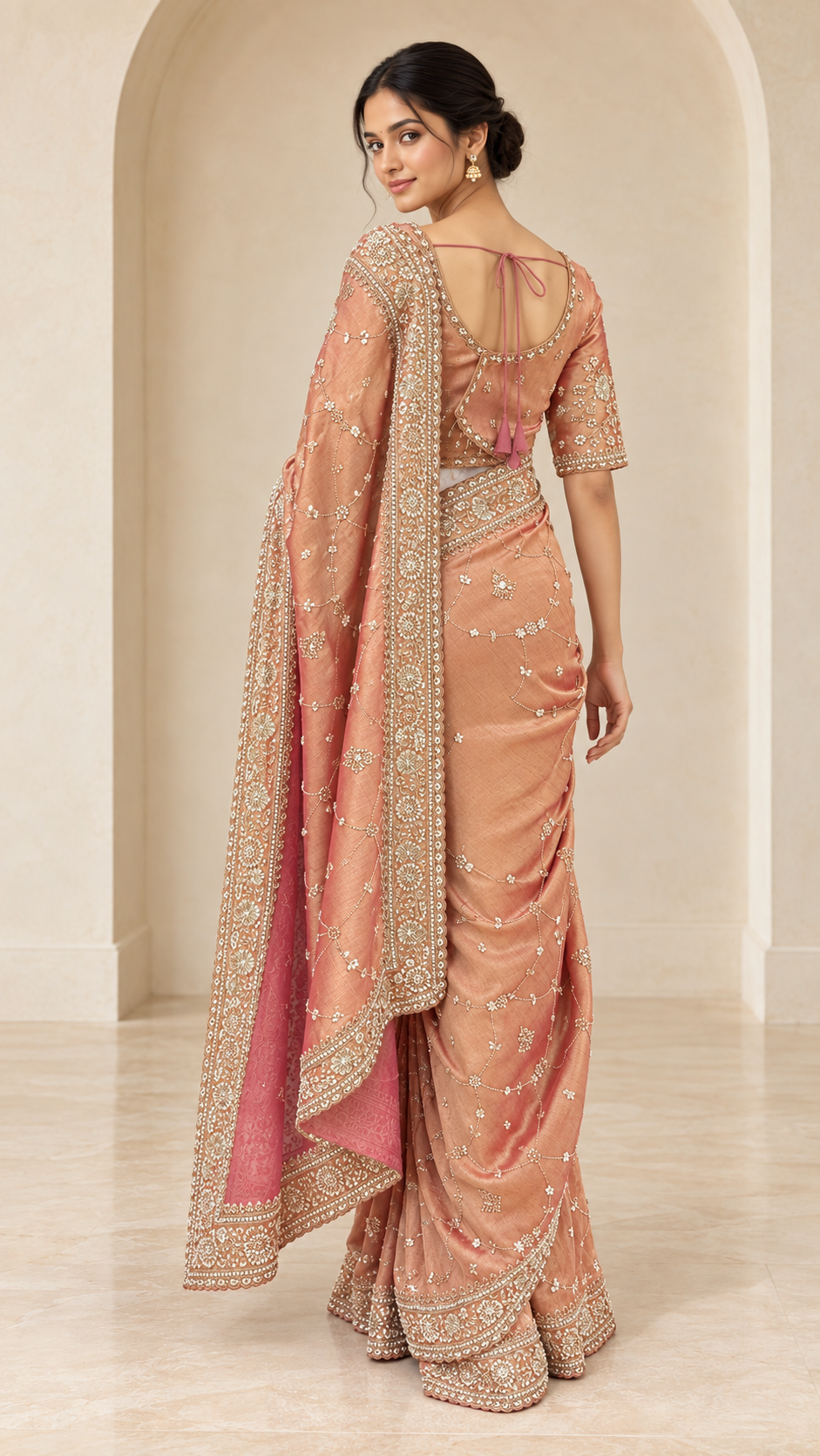 Dusty Peach Ready Made Blouse Saree