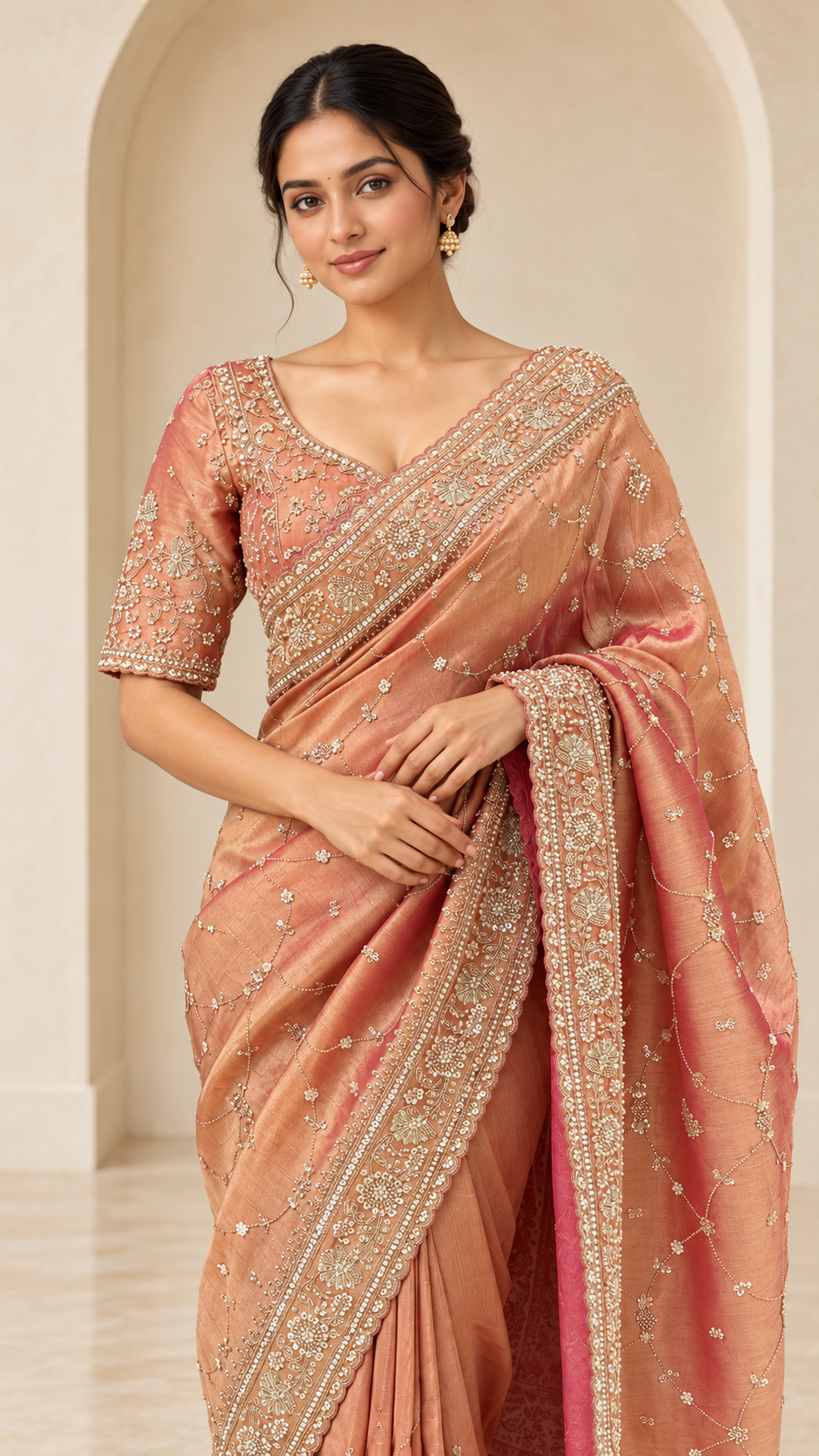 Dusty Peach Ready Made Blouse Saree