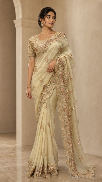 Ivory Saree with Rose-Gold Embroidery
