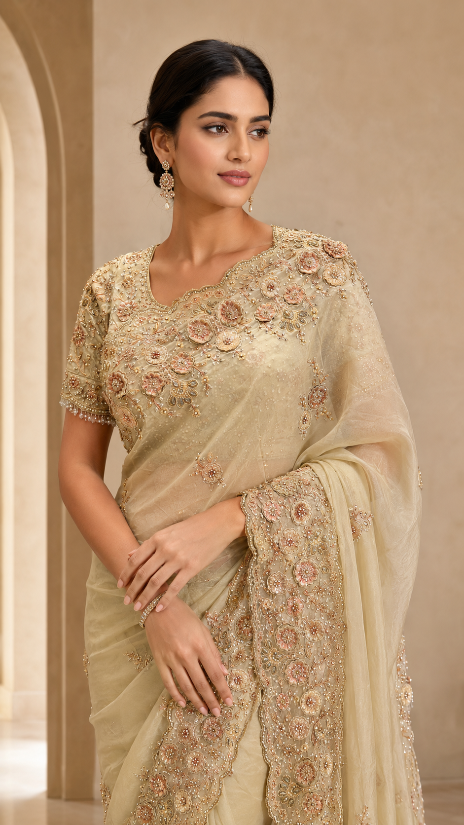 Ivory Saree with Rose-Gold Embroidery