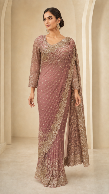 Elegant Dusty Rose Zari Saree
