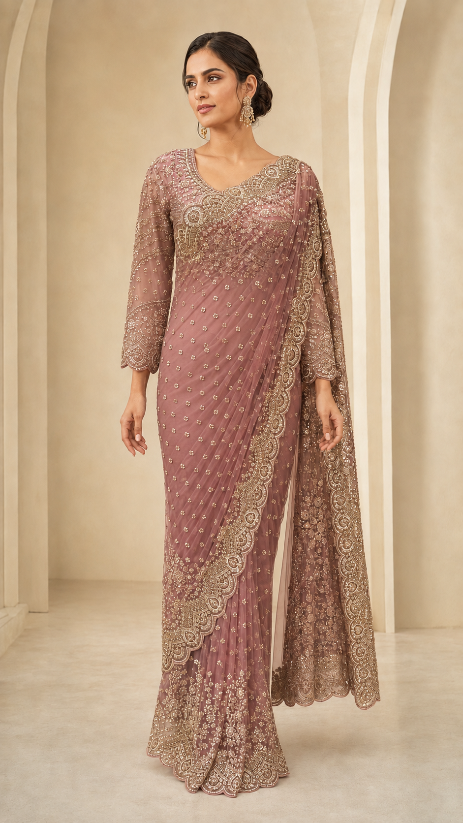 Elegant Dusty Rose Zari Saree