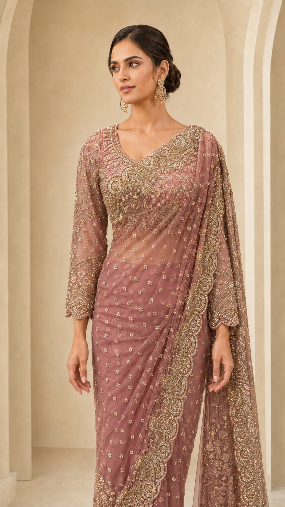 Elegant Dusty Rose Zari Saree