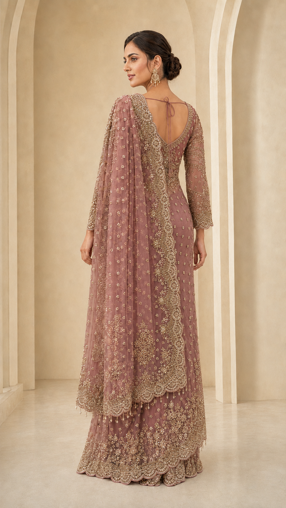 Elegant Dusty Rose Zari Saree