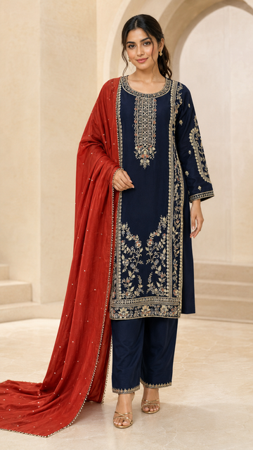 Navy Blue Embroidered Suit