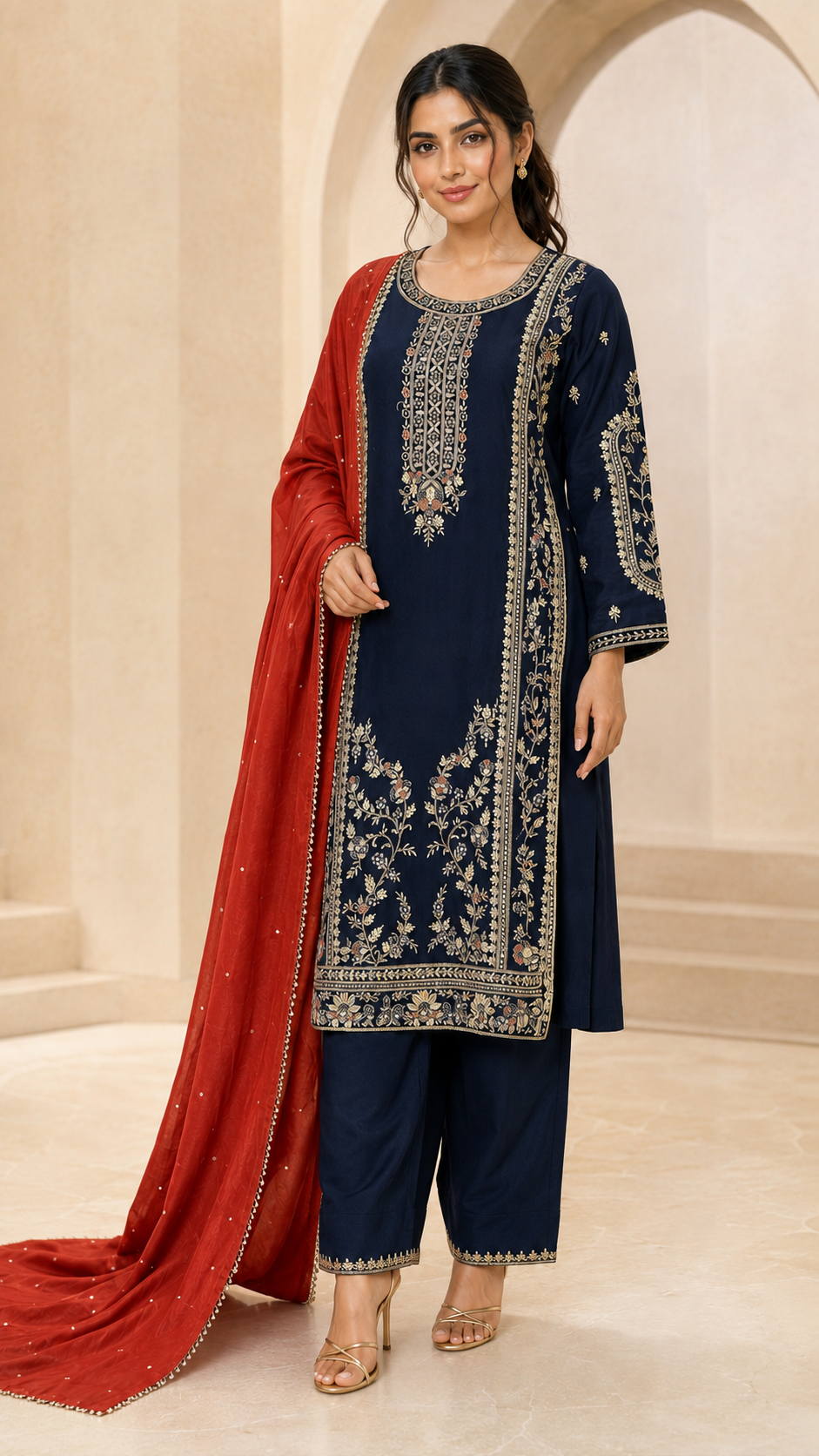 Navy Blue Embroidered Suit