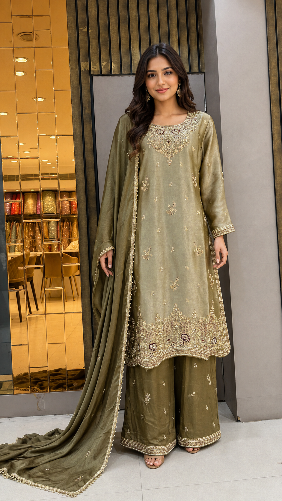 Olive-Gold Pakistani Suit