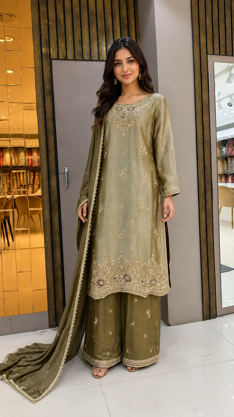 Olive-Gold Pakistani Suit