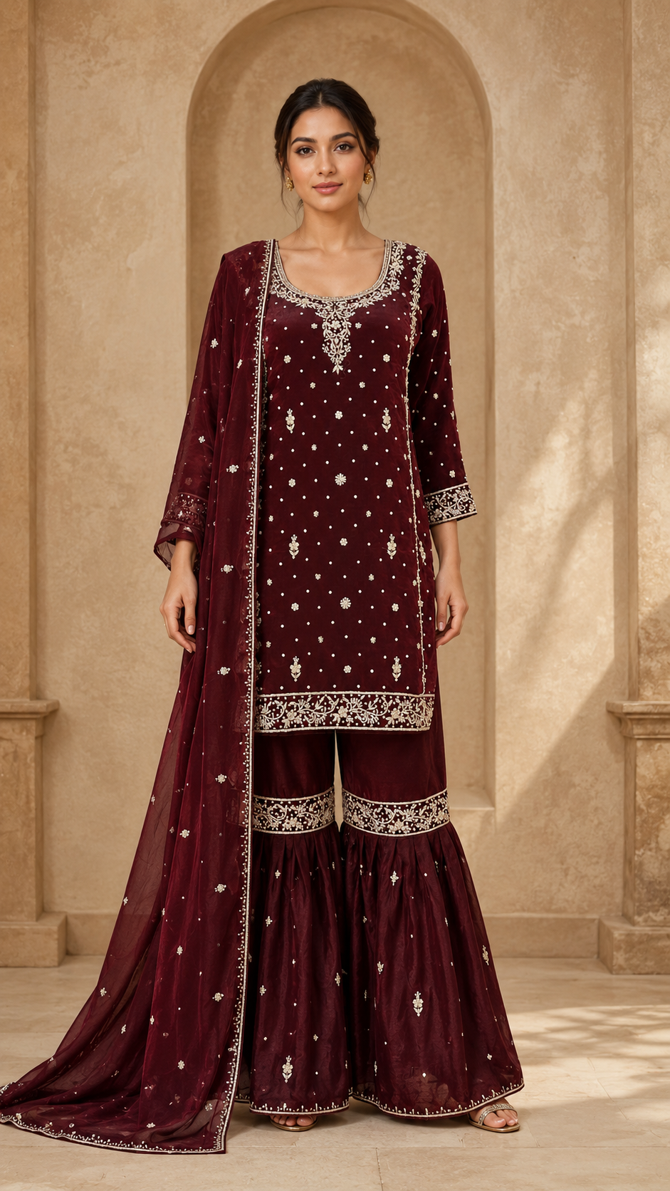 Maroon Embroidered Sharara