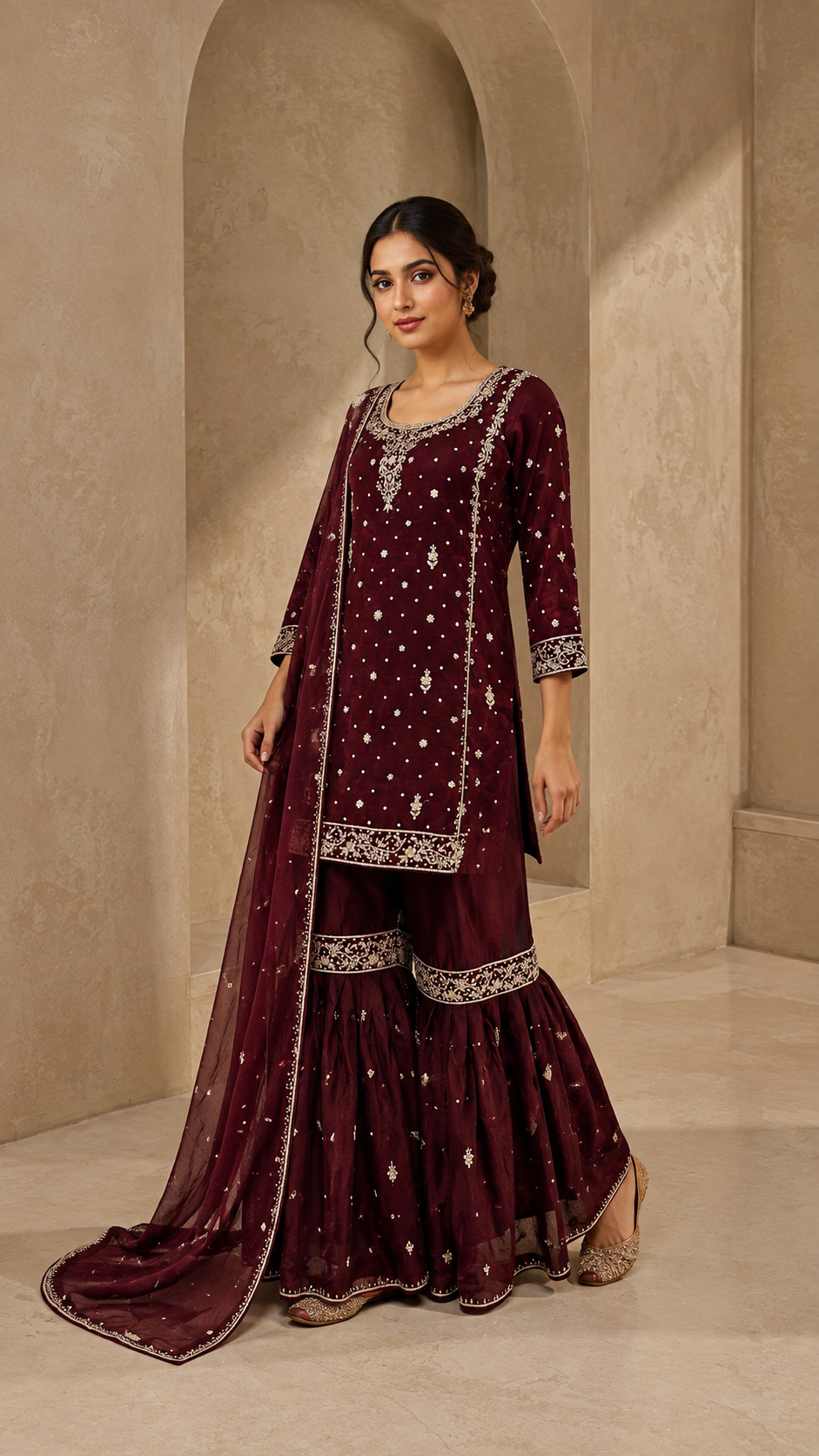 Maroon Embroidered Sharara