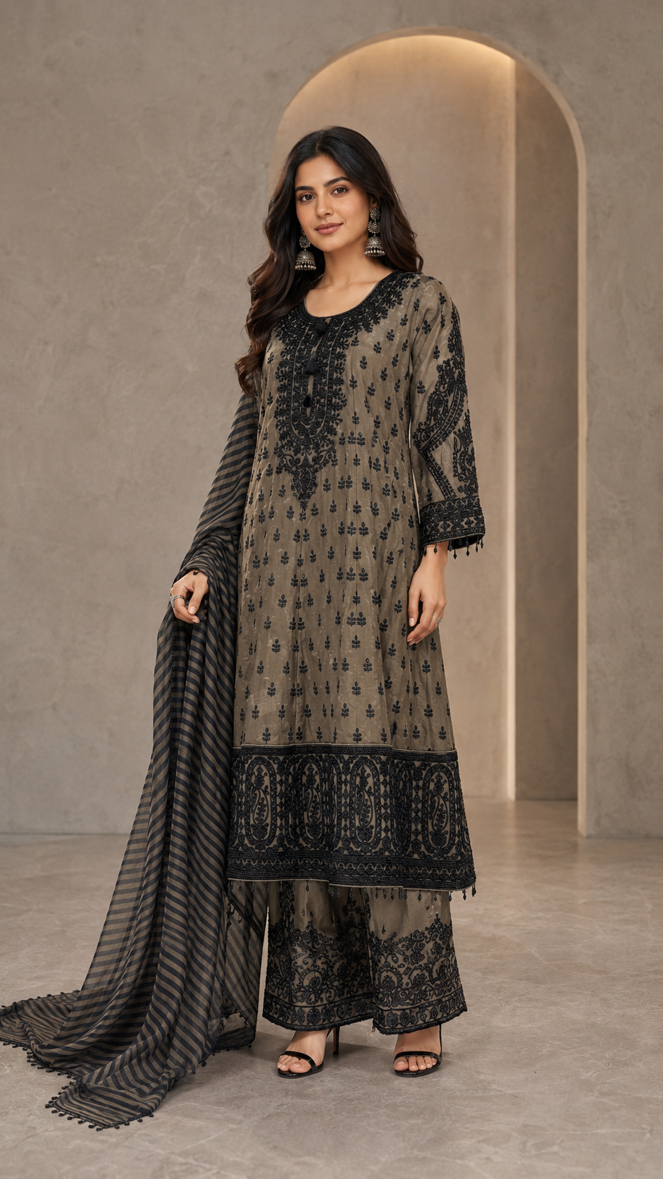 Charcoal Embroidered Anarkali Frock