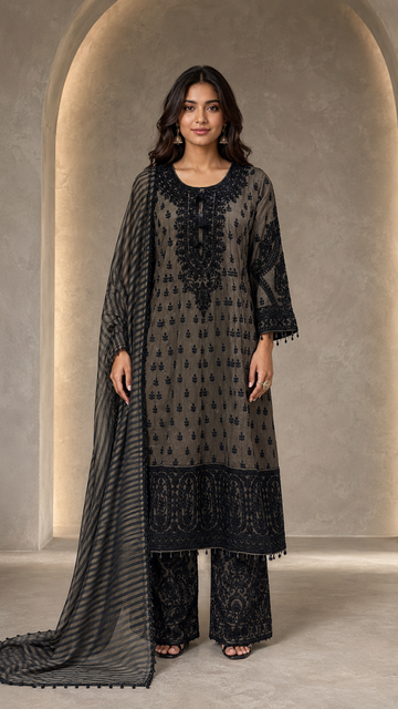 Charcoal Embroidered Anarkali Frock