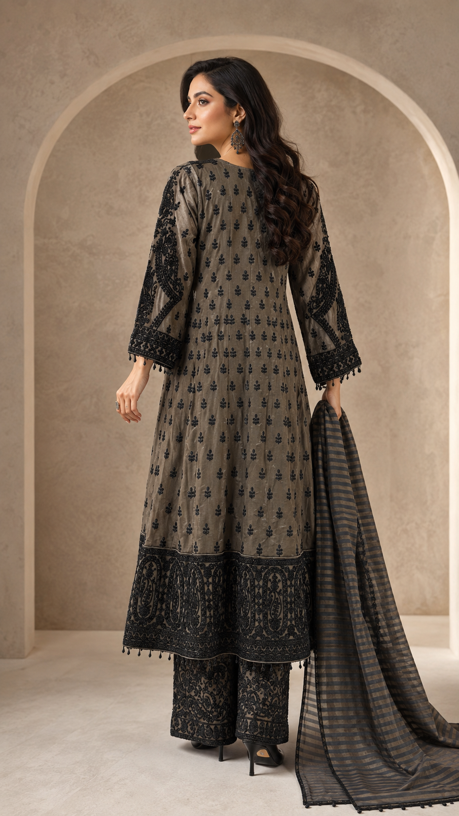 Charcoal Embroidered Anarkali Frock