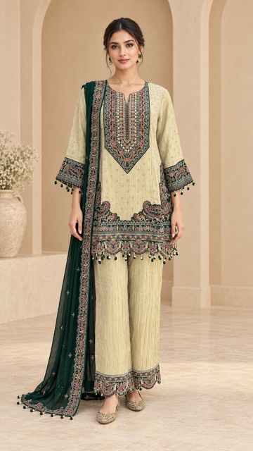 Ivory Gold Embroidered Plazzo
