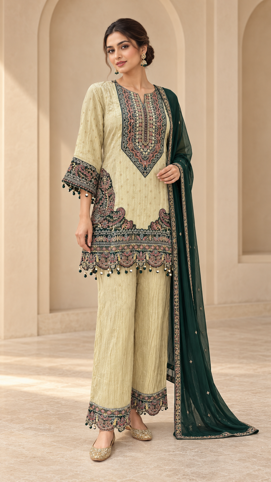 Ivory Gold Embroidered Plazzo
