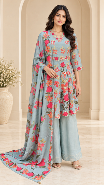 Powder-Blue Pomegranate Embroidered Plazzo