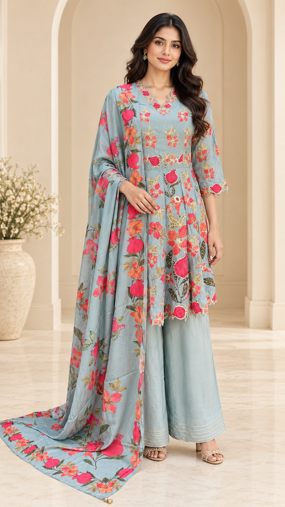 Powder-Blue Pomegranate Embroidered Plazzo