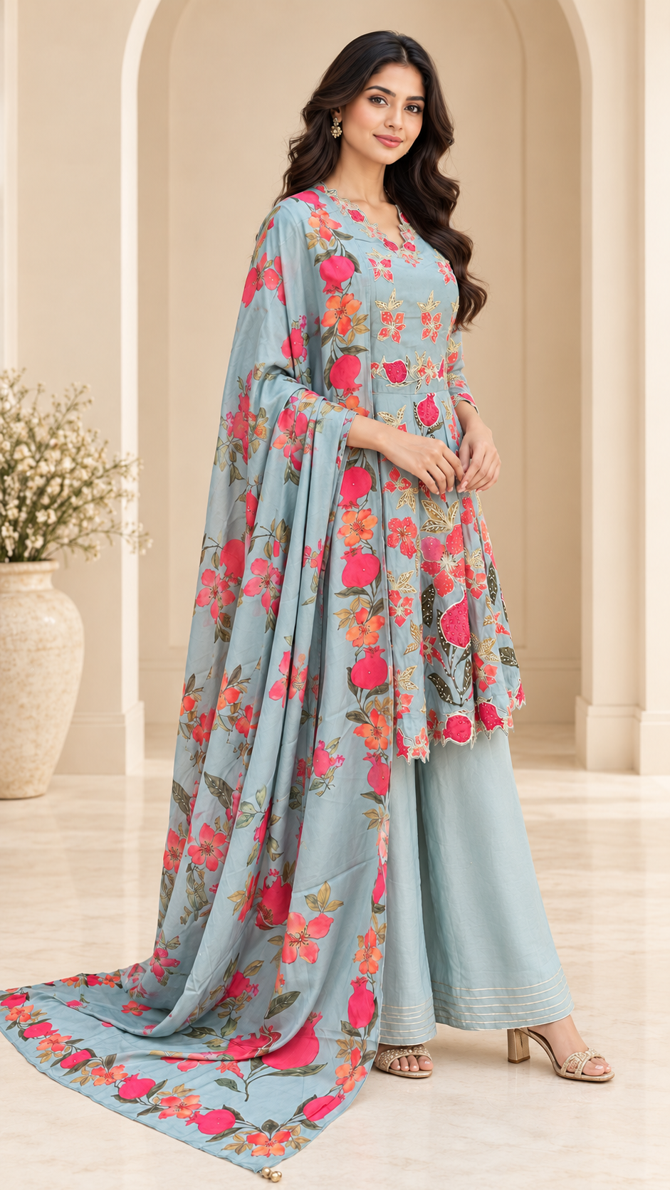 Powder-Blue Pomegranate Embroidered Plazzo