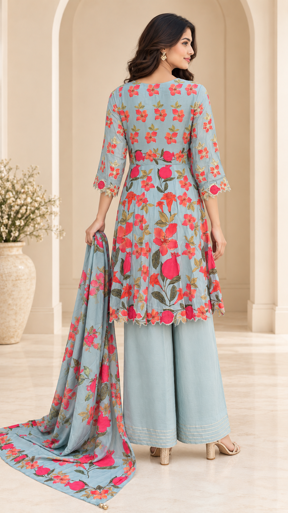 Powder-Blue Pomegranate Embroidered Plazzo