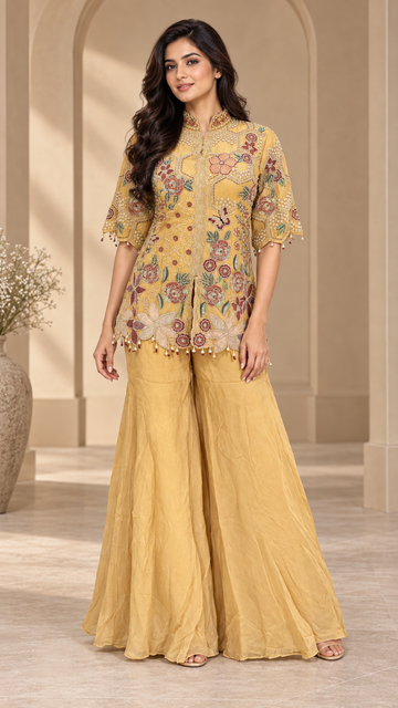 Mustard-Gold Embroidered Indowestern Plazzo
