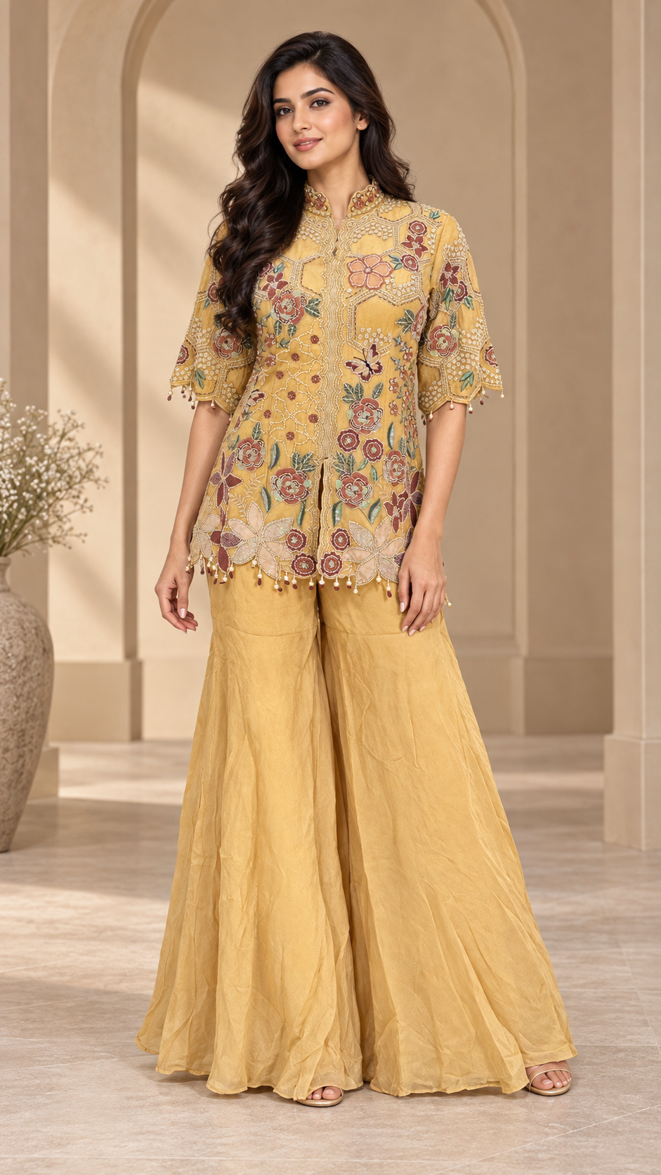 Mustard-Gold Embroidered Indowestern Plazzo