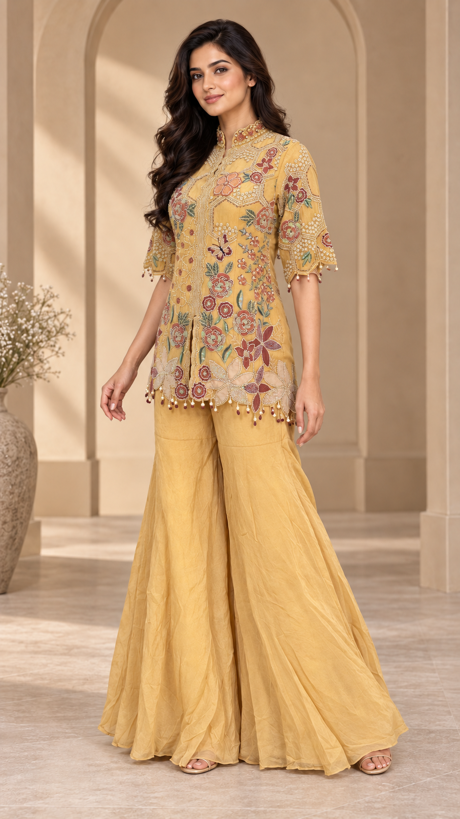 Mustard-Gold Embroidered Indowestern Plazzo