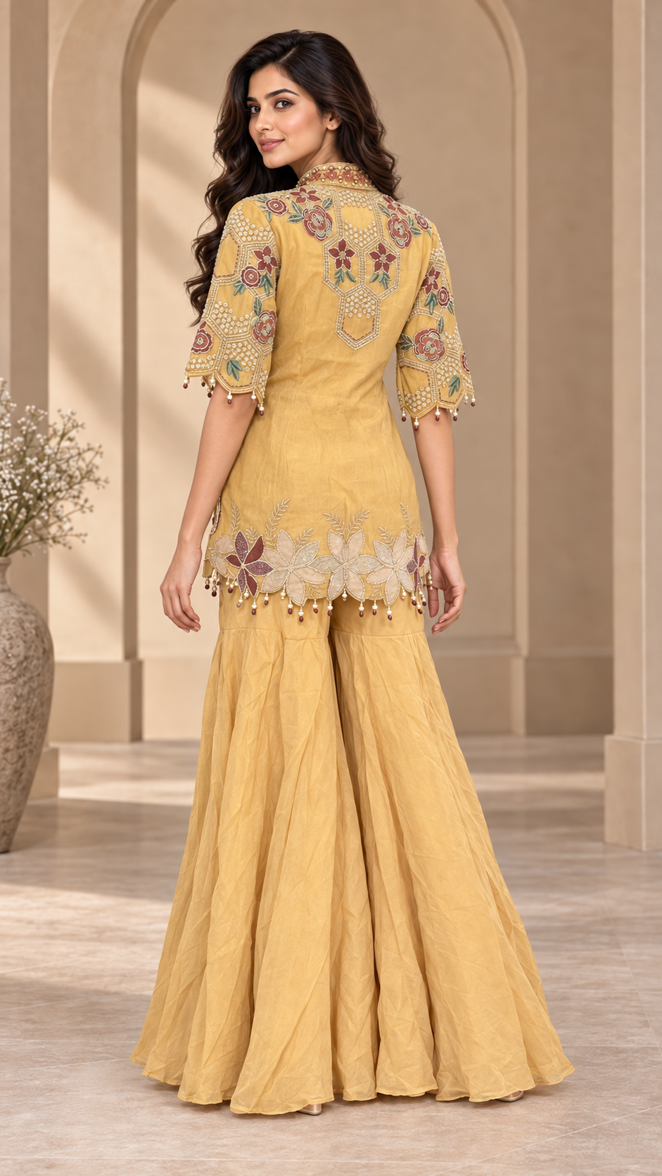 Mustard-Gold Embroidered Indowestern Plazzo