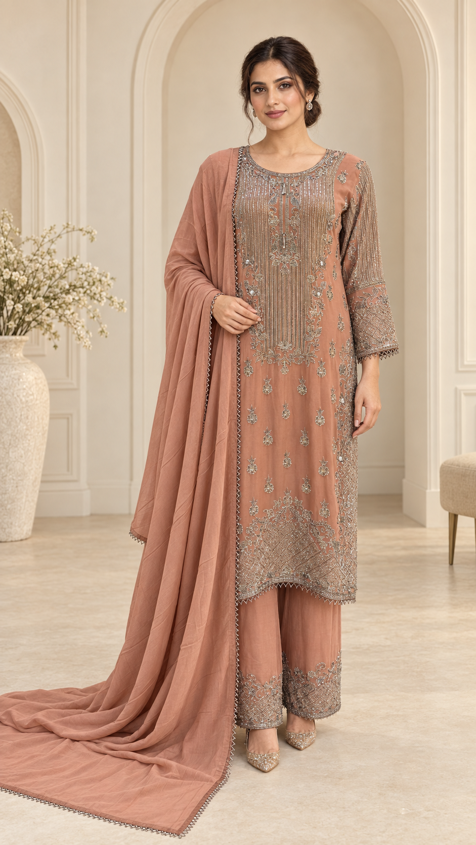 Elegant Dusty Peach Plazo Suit