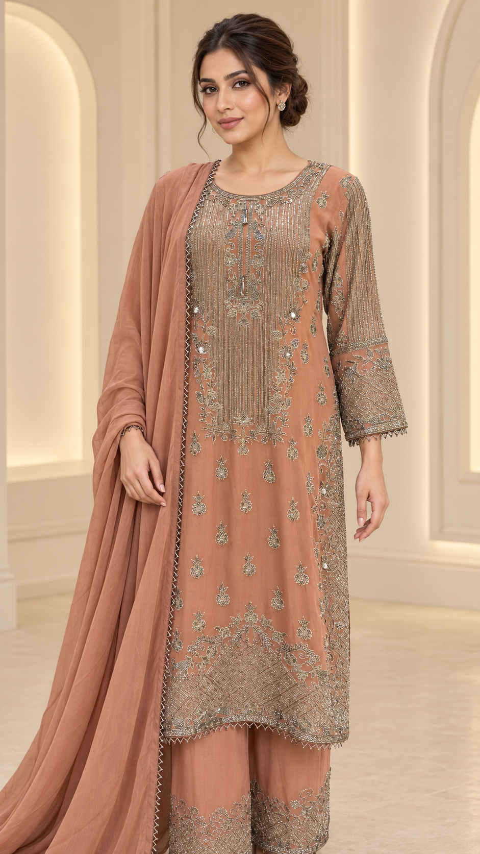 Elegant Dusty Peach Plazo Suit
