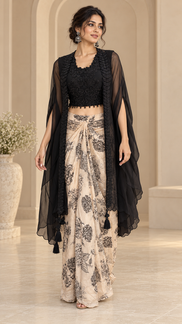 Indo-Western Draped Skirt and Crop-Top Set