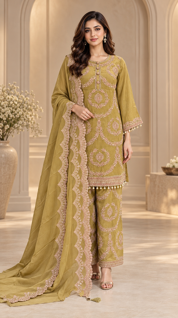 Olive-Gold Readymade Dress