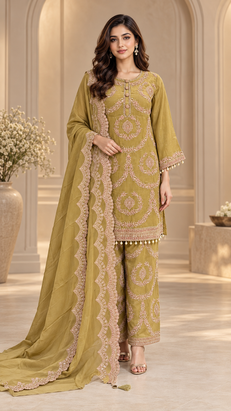 Olive-Gold Readymade Dress