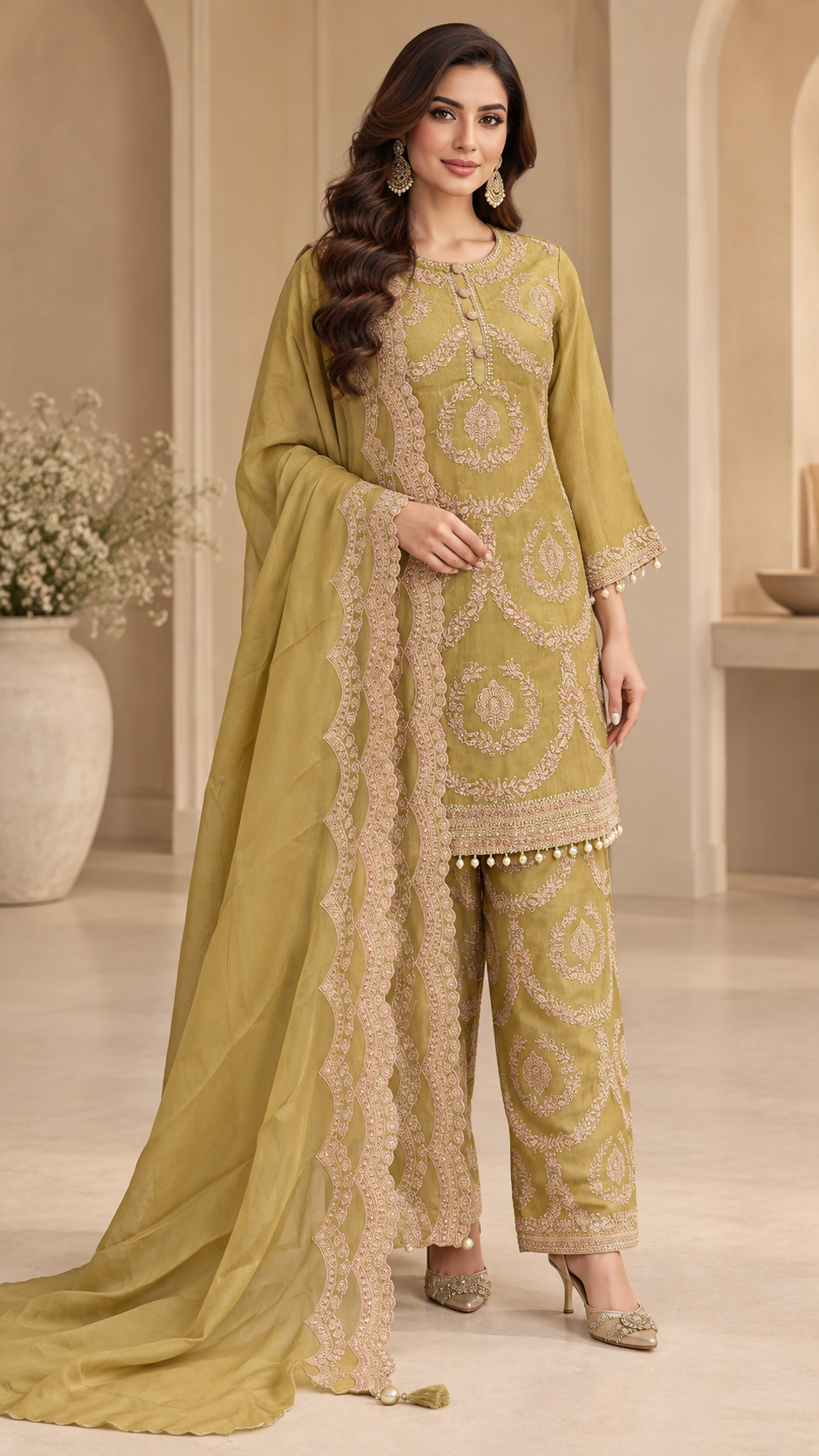 Olive-Gold Readymade Dress