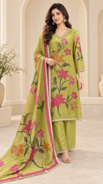 Elegant Painted Floral Kurta-Palazzo Set