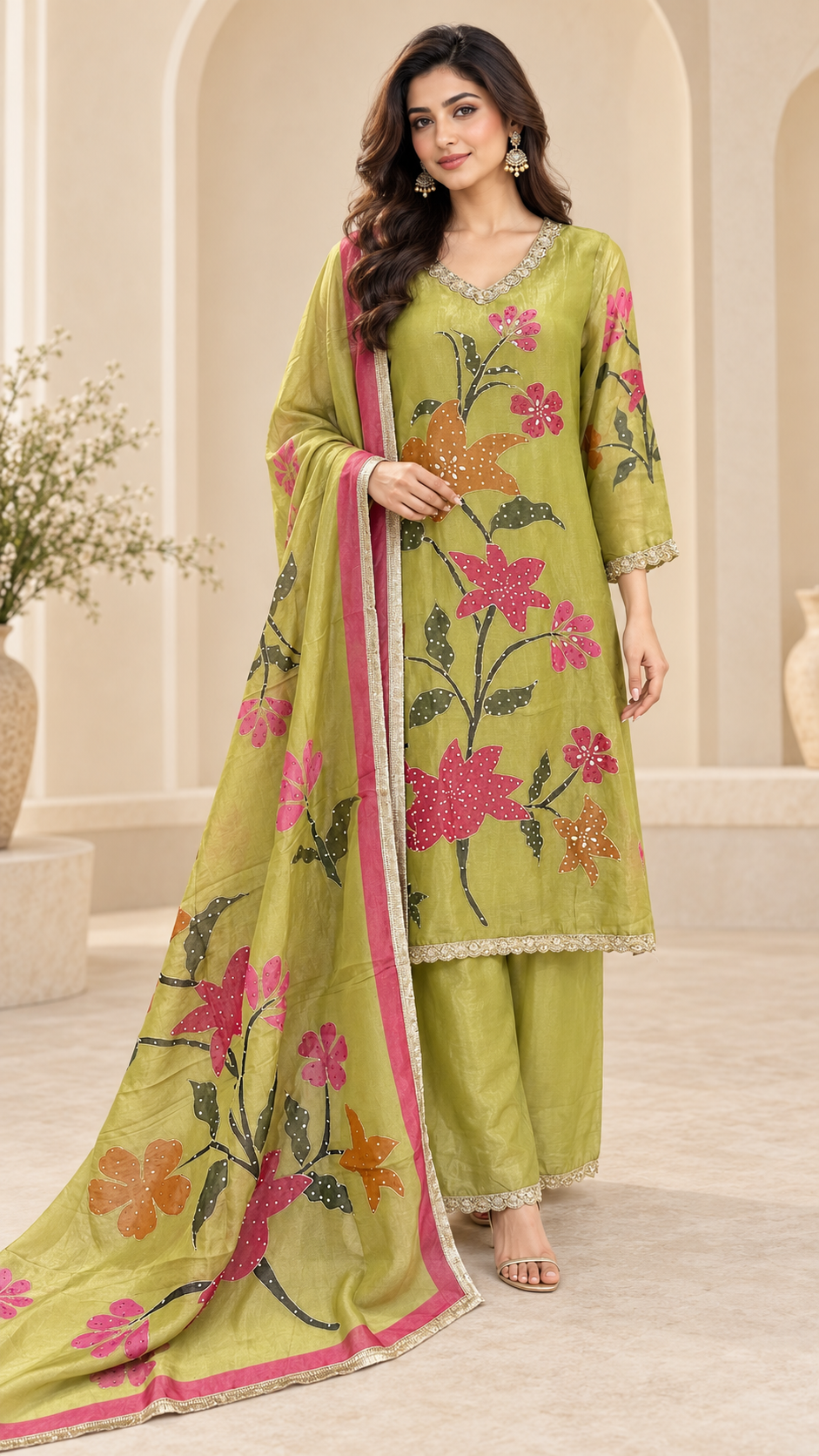 Elegant Painted Floral Kurta-Palazzo Set