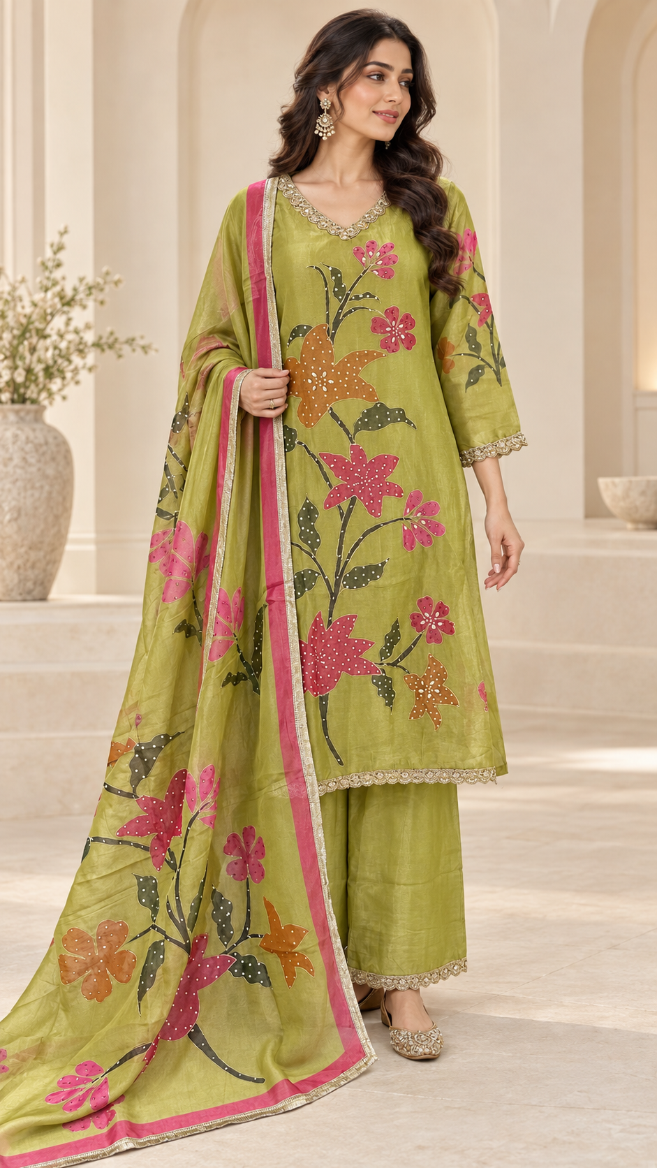 Elegant Painted Floral Kurta-Palazzo Set