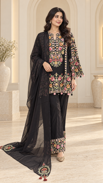 Black Floral Short Kurti Suit with Palazzo