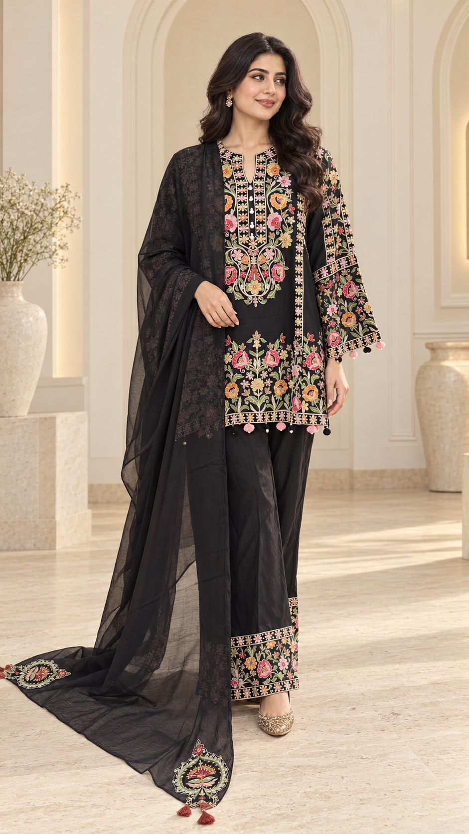 Black Floral Short Kurti Suit with Palazzo