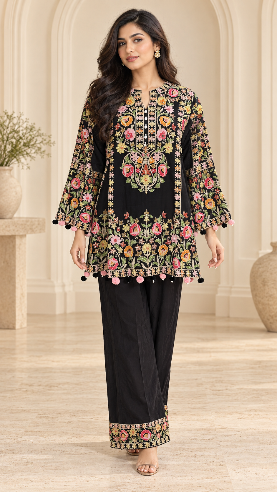 Black Floral Short Kurti Suit with Palazzo