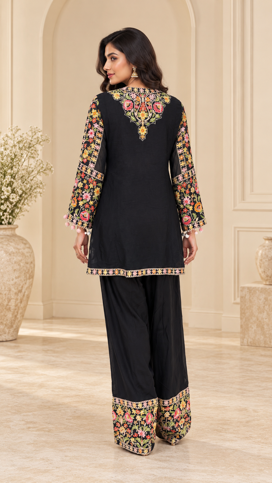 Black Floral Short Kurti Suit with Palazzo