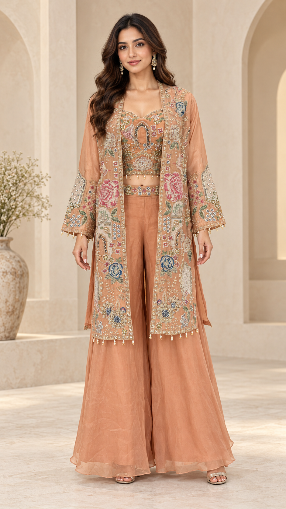Peach Embroidered Three-Piece Indo Western