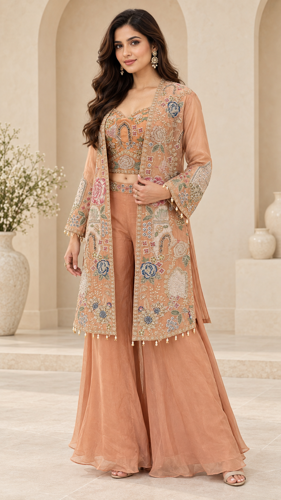 Peach Embroidered Three-Piece Indo Western