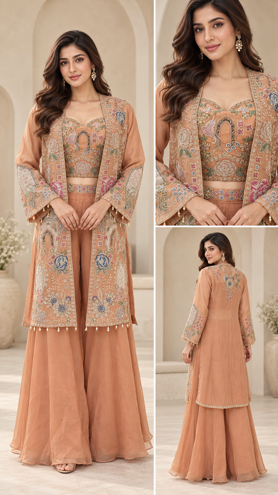 Peach Embroidered Three-Piece Indo Western