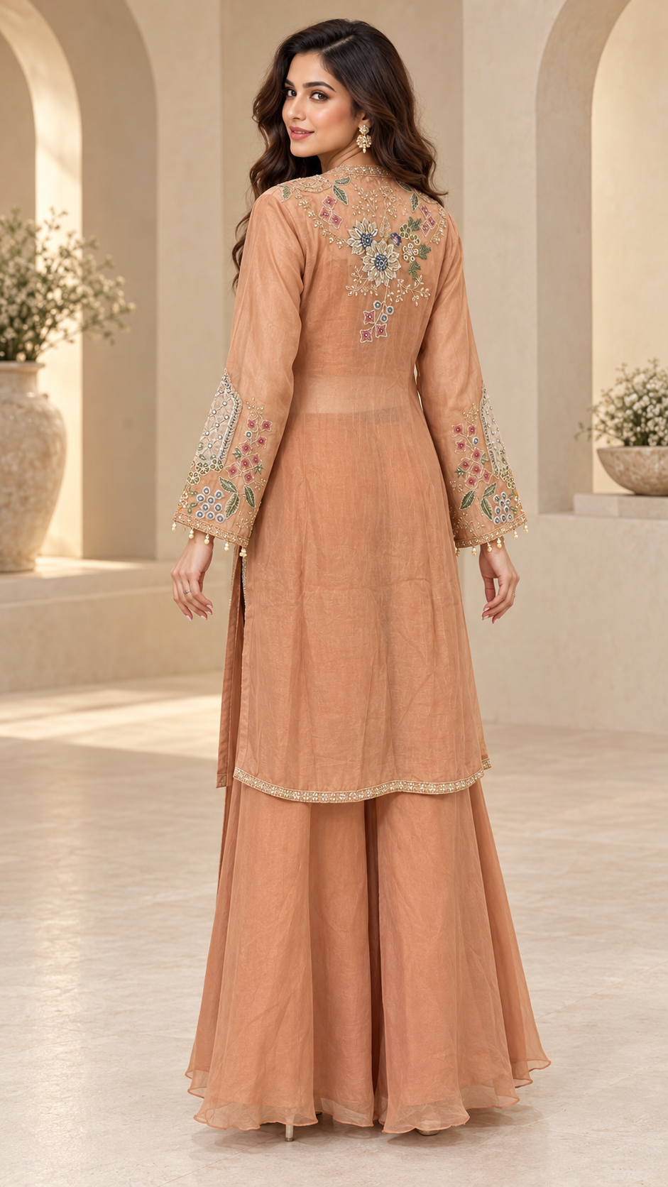 Peach Embroidered Three-Piece Indo Western