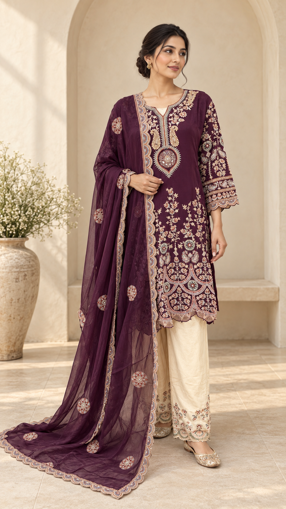 Plum Embroidered Kurta with Sheer Dupatta