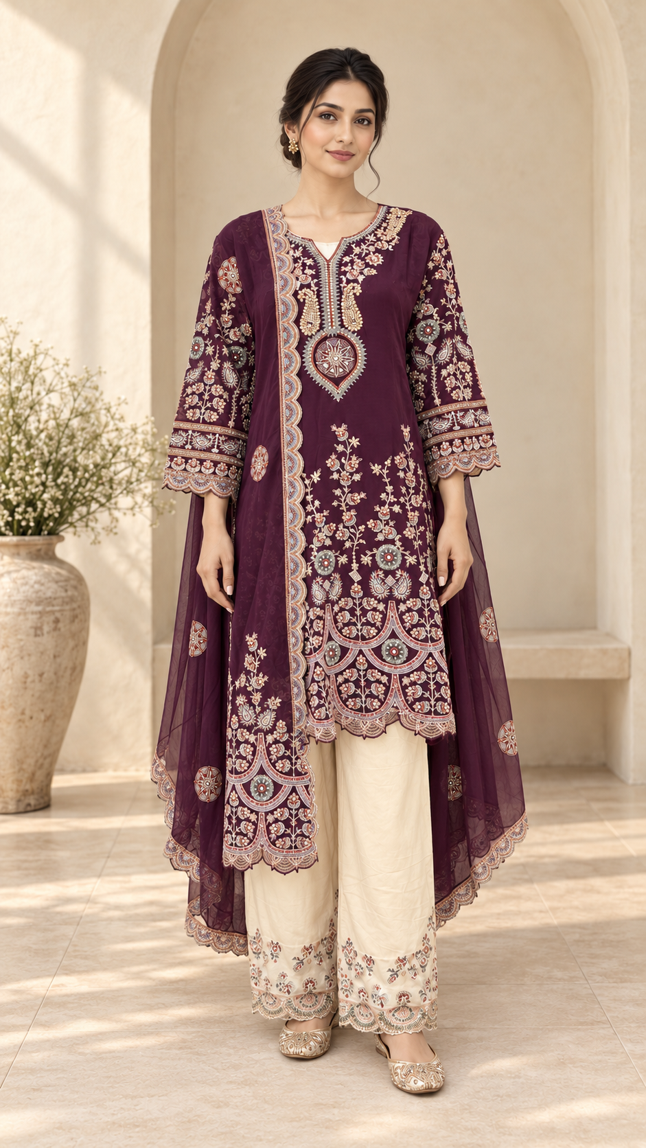 Plum Embroidered Kurta with Sheer Dupatta