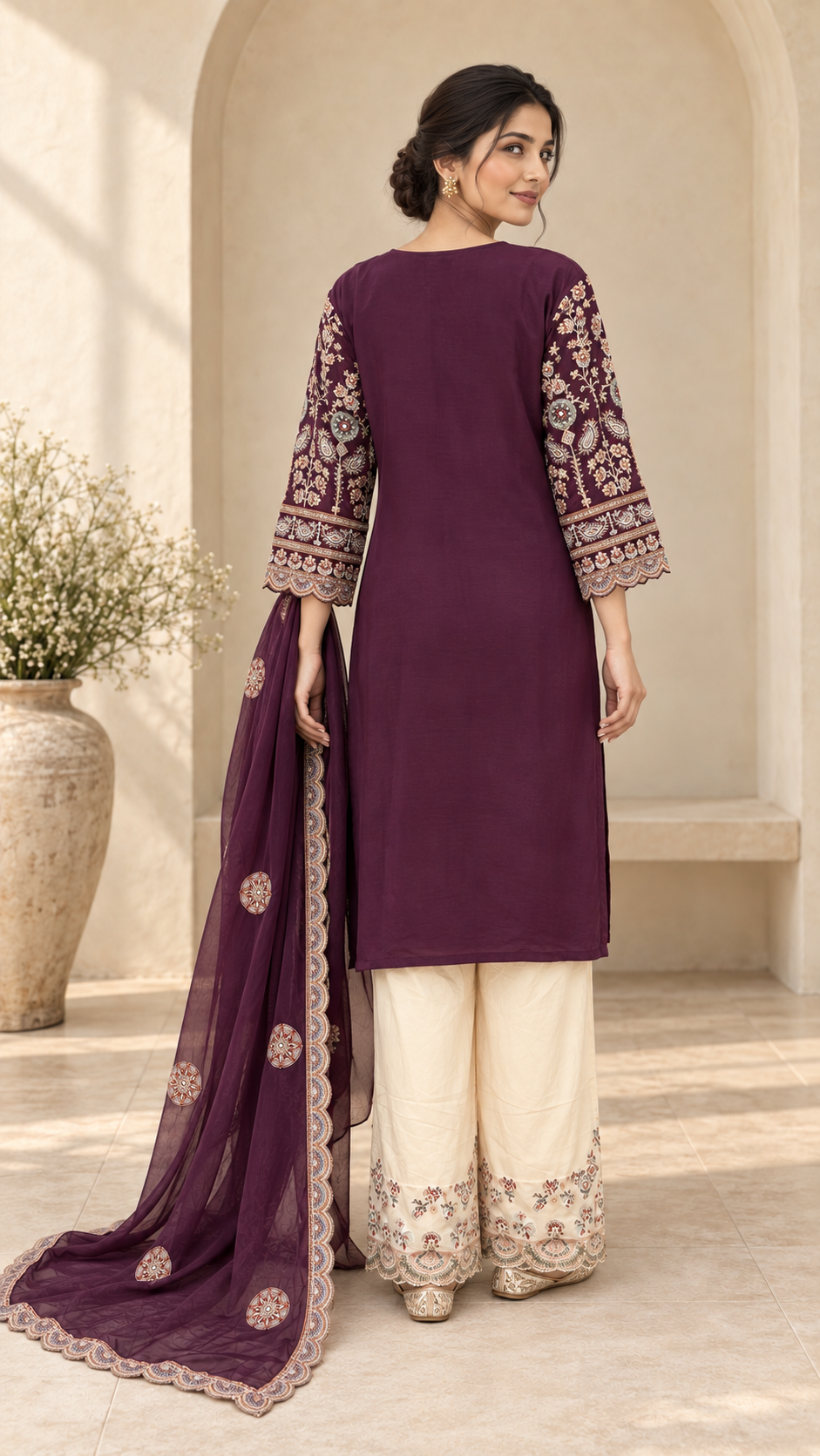 Plum Embroidered Kurta with Sheer Dupatta