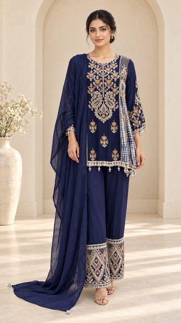 Navy embroidered kurta in ivory studio